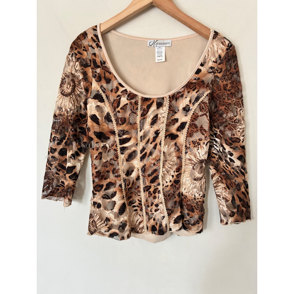 Dressbarn Y2K Vintage Leopard Print Mesh Lace Trim Top Brown Fall Floral M